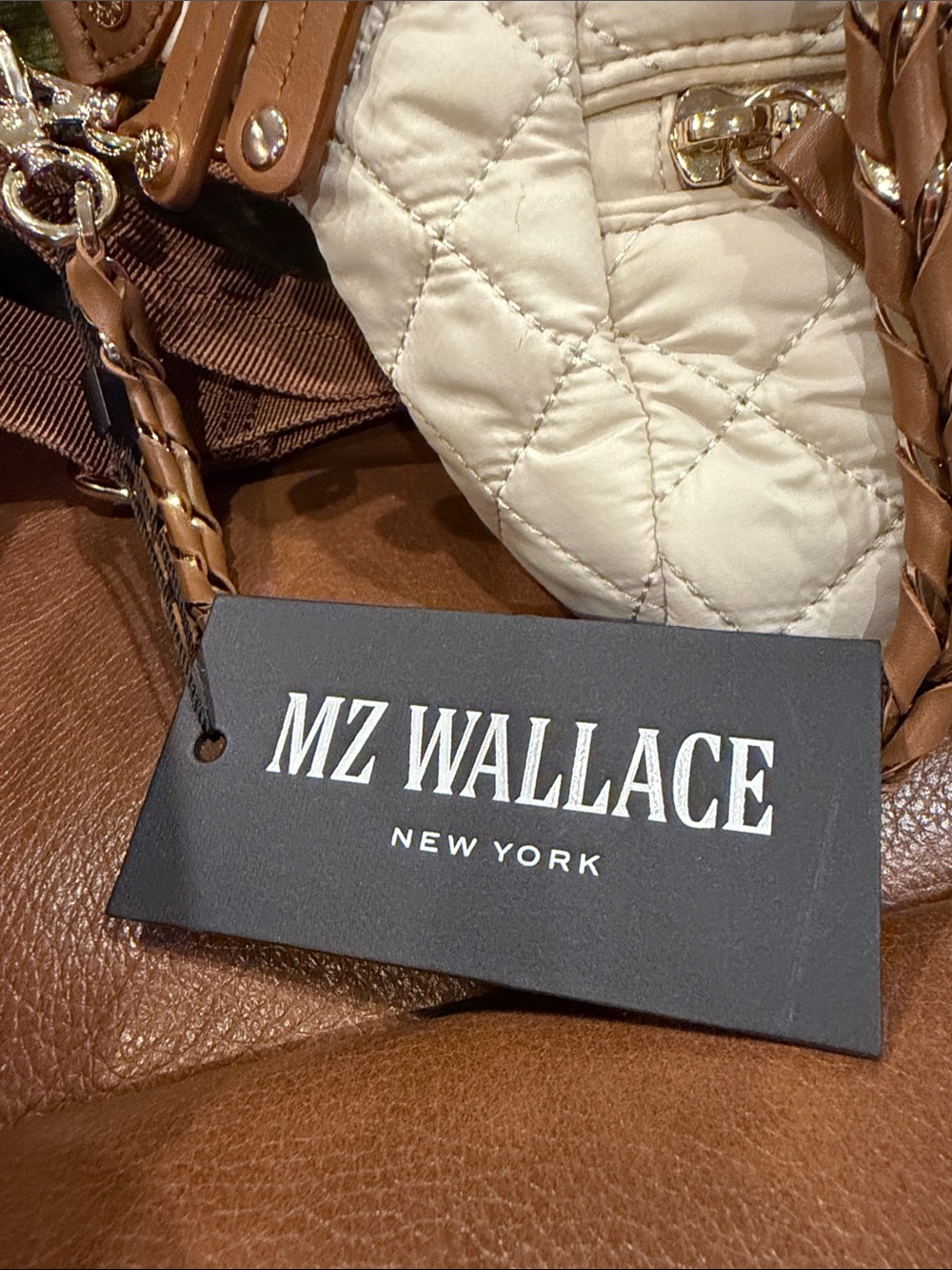 MZ Wallace Crosby Sling Bag - Cream Quilted Crossbody Belt Bag with Tan Trim - Picture 4 of 17